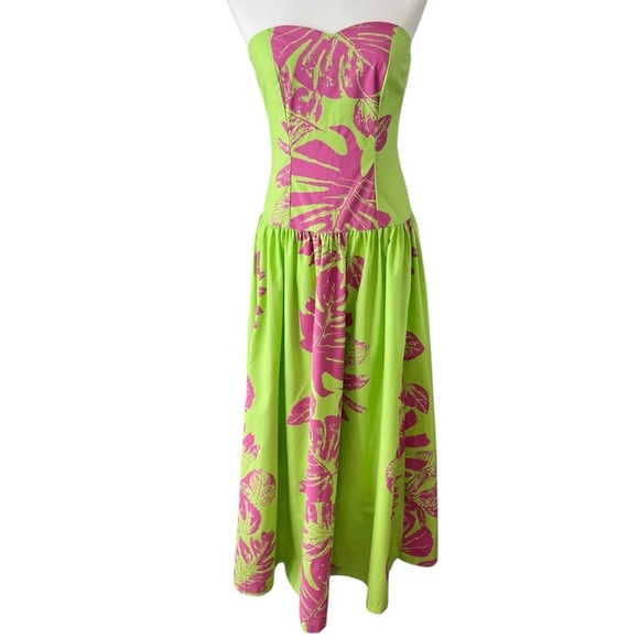 Vintage America Dresses & Skirts - Vintage CC Fashions Neon Green Pink Hawaiian Drop Waist Strapless Midi Dress